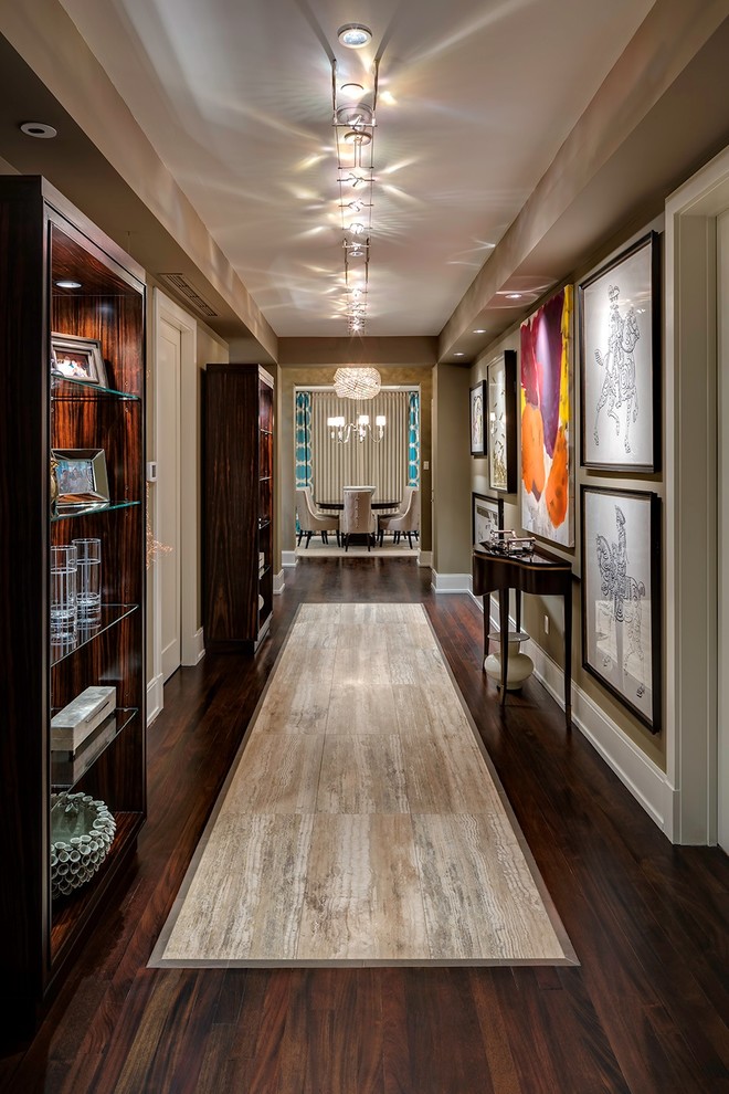 Photo of a transitional hallway in Miami with brown walls, medium hardwood floors and multi-coloured floor.