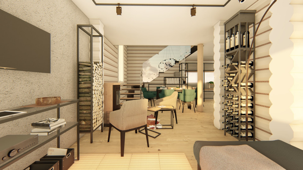 Интерьер двухэтажного коттеджа из оцилиндрованного бревна