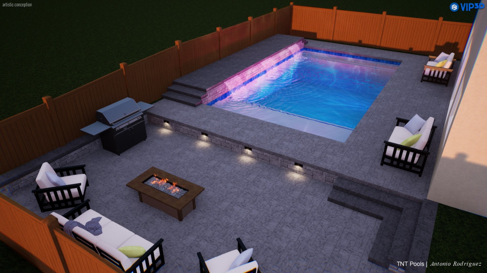 Ispirazione per una piscina moderna rettangolare di medie dimensioni e dietro casa con cemento stampato