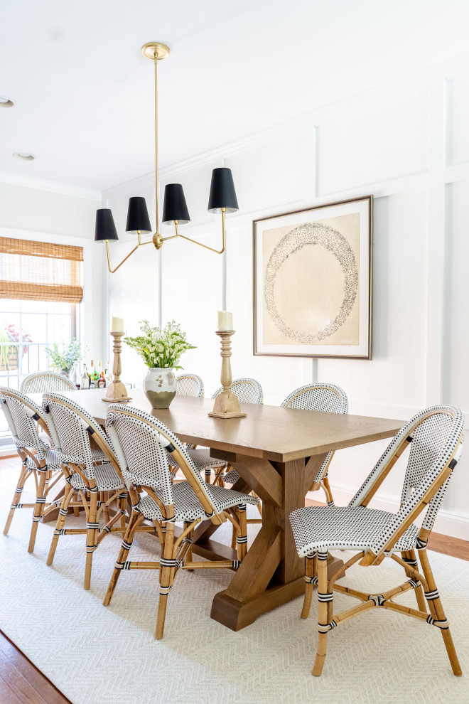 Inspiration for a transitional dining room in Philadelphia with white walls, dark hardwood floors, brown floor and panelled walls.