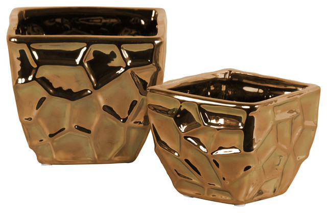 Set Of Two Ceramic Square Vase W Embossed Irregular Shapes Design