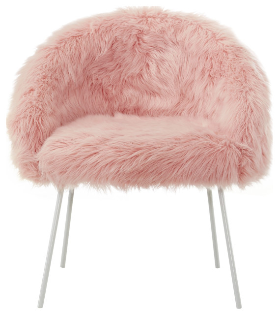 Connor Faux Fur Accent Chair, White Powder Coated Metal Leg, Rose