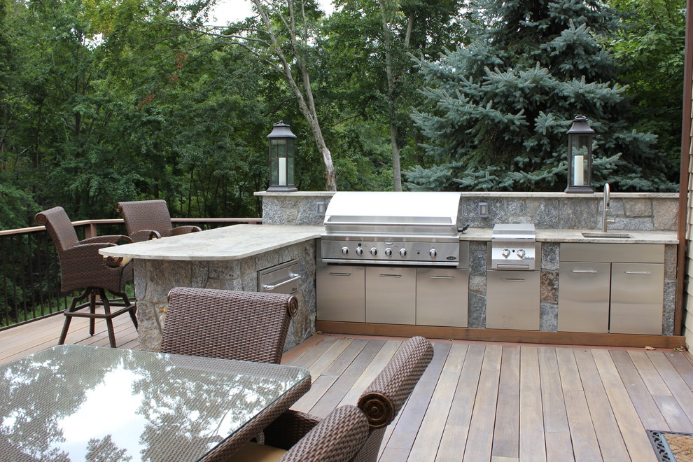 Deck - large transitional backyard deck idea in Bridgeport with a fire pit and no cover