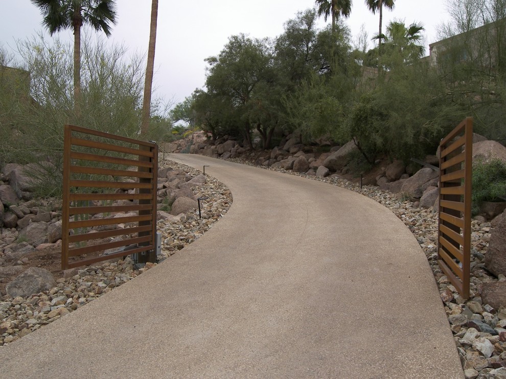 Design ideas for a large front yard full sun driveway for winter in Phoenix with gravel.