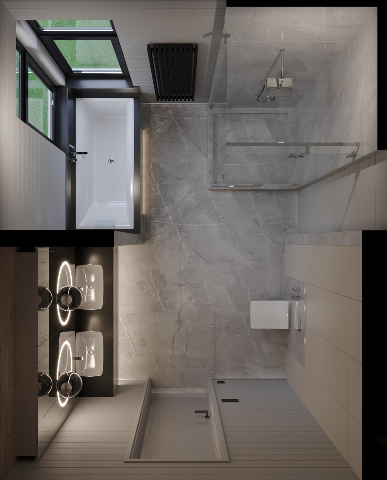 3d-визуализация плана главной ванной комнаты в проекте загородного дома