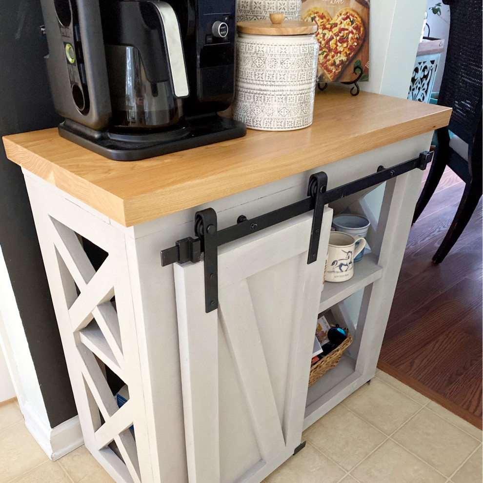 Inspiration for a small country kitchen in Other with raised-panel cabinets, grey cabinets, wood benchtops, black appliances, linoleum floors, beige floor and yellow benchtop.