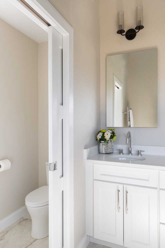 Photo of a mid-sized transitional master bathroom in Boston with shaker cabinets, white cabinets, a freestanding tub, an alcove shower, a two-piece toilet, white tile, porcelain tile, beige walls, ceramic floors, an undermount sink, engineered quartz benchtops, white floor, a hinged shower door, white benchtops, a shower seat, a double vanity, a built-in vanity and timber.