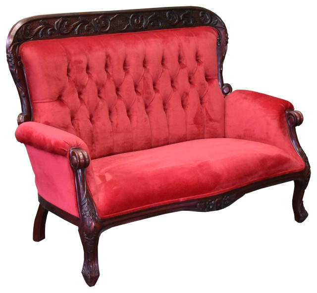 Victorian Style Mahogany Love Seat, Red Velvet Victorian Loveseats