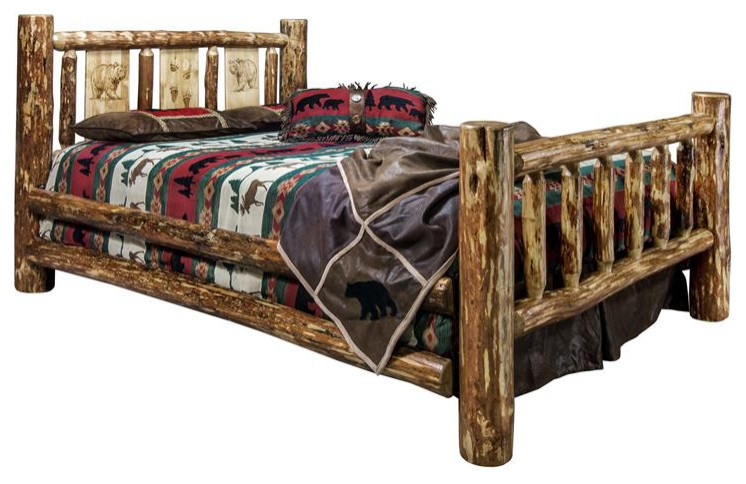 Montana Woodworks Glacier Country Wood Queen Bed with Bear Design in Brown