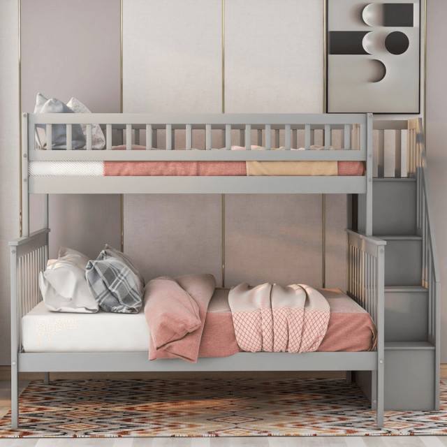 Gray Twin Over Full Farmhouse Style Bunk Bed With Staircase ...