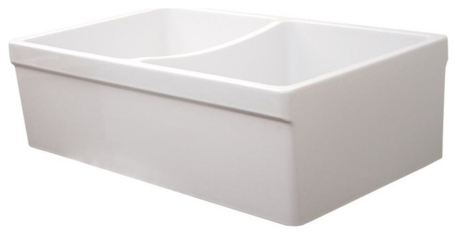 Whitehaus WHQDB532-WHITE Double Bowl Fireclay 33'' Farm Kitchen Sink White