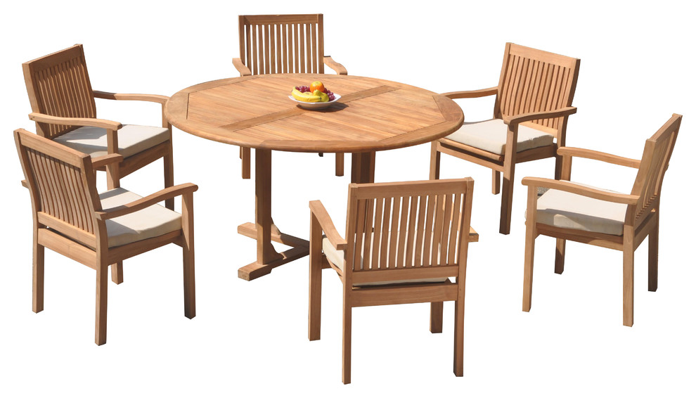 7Piece Outdoor Teak Dining Set, 60" Round Table, 6 Leveb Stacking Arm Chairs Transitional
