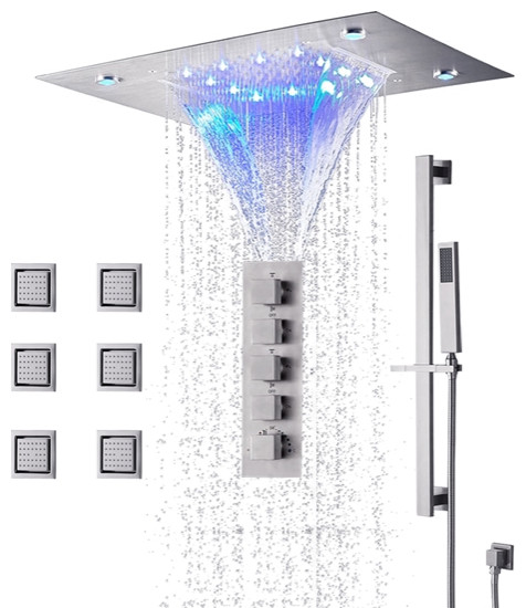 Isernia 20"x14" LED Rainfall Shower System and 6 Jetted Body Sprays, Chrome