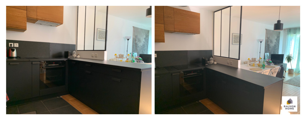 This is an example of a small industrial u-shaped eat-in kitchen in Paris with open cabinets, black cabinets, solid surface benchtops, black splashback, granite splashback, black appliances, with island and black benchtop.