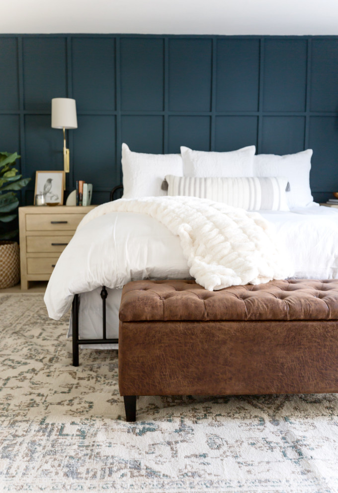 Example of a mid-sized cottage master carpeted and beige floor bedroom design in Phoenix with white walls