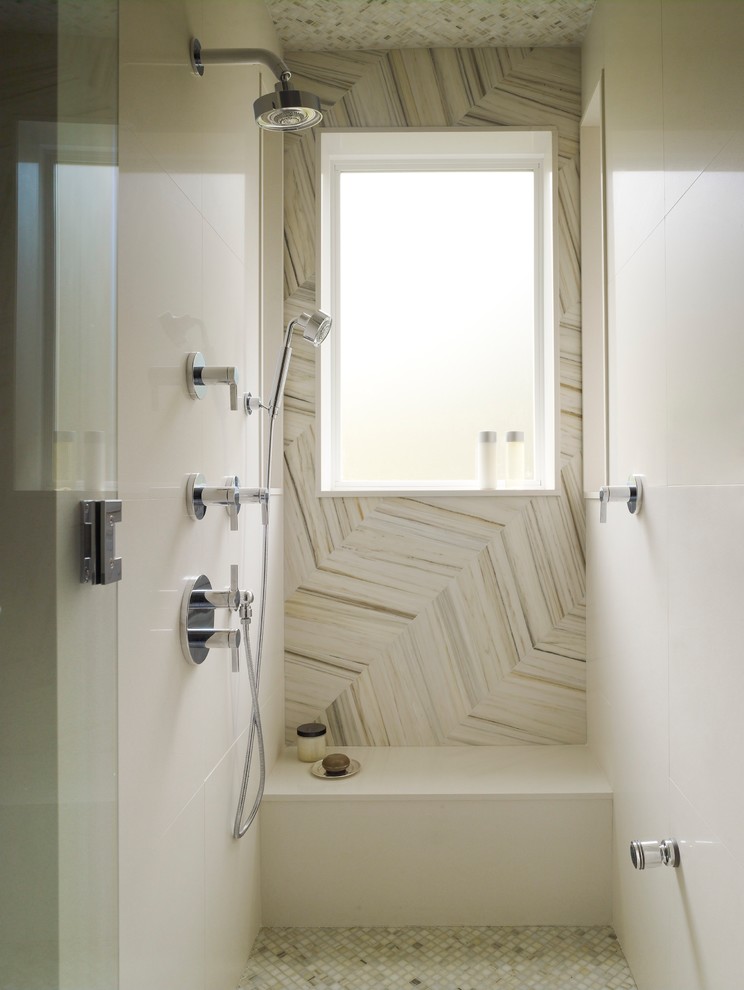 This is an example of a contemporary bathroom in San Francisco with an alcove shower.