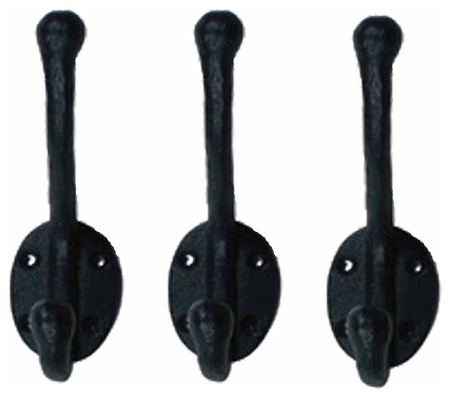 3 Wrought Iron Double Hook Black for Coats Towels Robes |