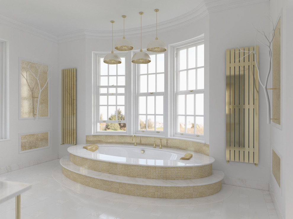 Design ideas for an expansive modern master bathroom in London with furniture-like cabinets, white cabinets, a drop-in tub, an open shower, a wall-mount toilet, white tile, stone slab, white walls, marble floors, a console sink and marble benchtops.