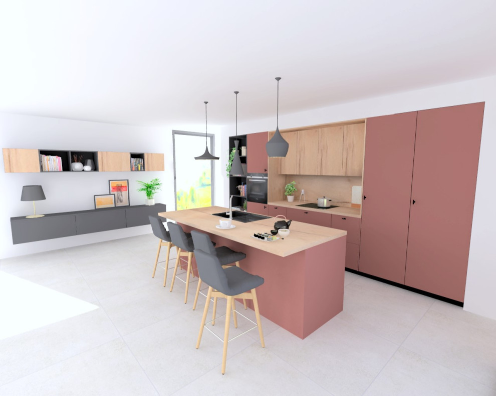 Design ideas for a medium sized contemporary galley open plan kitchen in Lyon with flat-panel cabinets, red cabinets, laminate countertops, wood splashback, an island and a single-bowl sink.