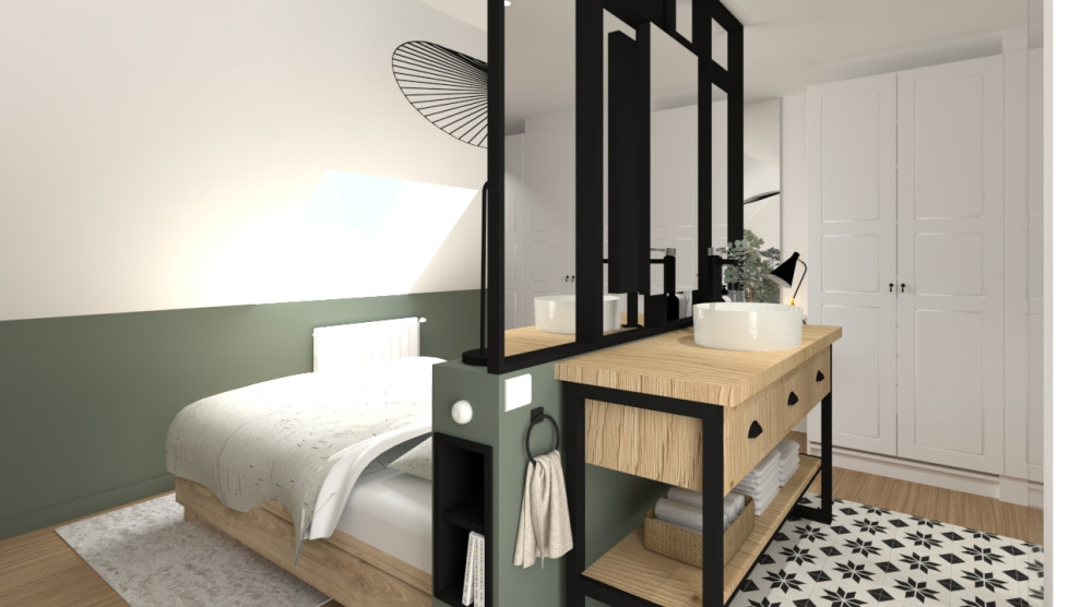 Design ideas for a medium sized modern bathroom in Lille with a built-in shower, white tiles, a vessel sink, wooden worktops, an open shower, a single sink and a freestanding vanity unit.