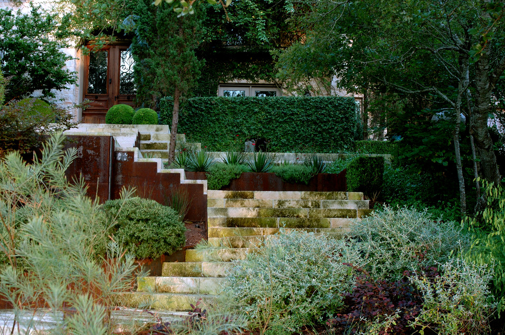Design ideas for a contemporary sloped garden in Austin with a vertical garden and natural stone pavers.