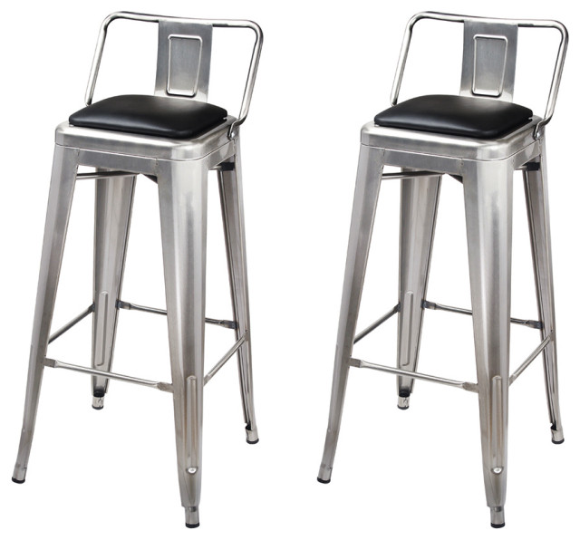 Metal Gunmetal Bar Stools With Lowback Black Vegan Leather Seat, Set of