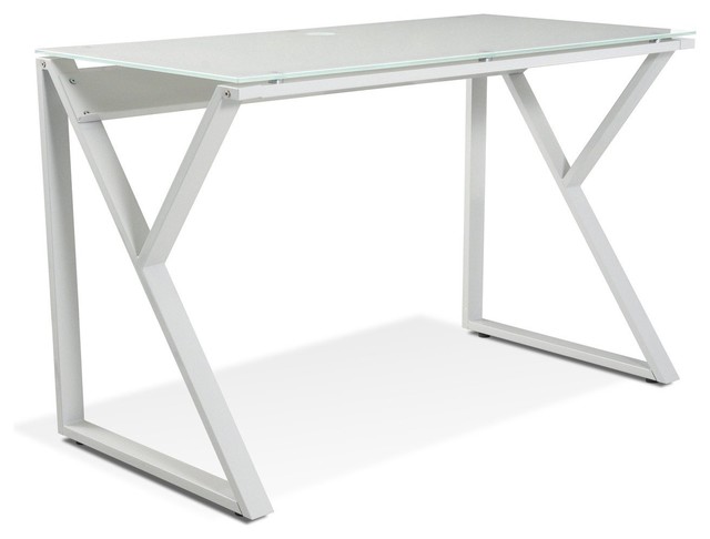 Modern 47 White Glass Writing Desk With Steel Base Contemporary