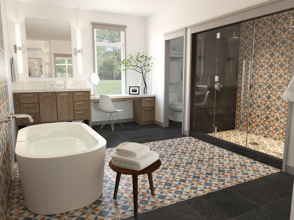 Photo of a mid-sized traditional master bathroom in Orange County with shaker cabinets, dark wood cabinets, a freestanding tub, an alcove shower, a two-piece toilet, gray tile, multi-coloured tile, orange tile, ceramic tile, white walls, ceramic floors, terrazzo benchtops, black floor and a hinged shower door.