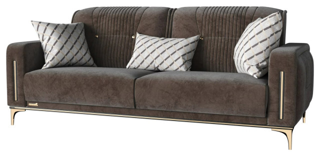 Modern Sleeper Sofa, Microfiber Seat With Tufted Back And Golden 