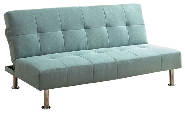 Dewey Blue Flax Fabric Sofa Futon Converts Into Bed With Side Pockets