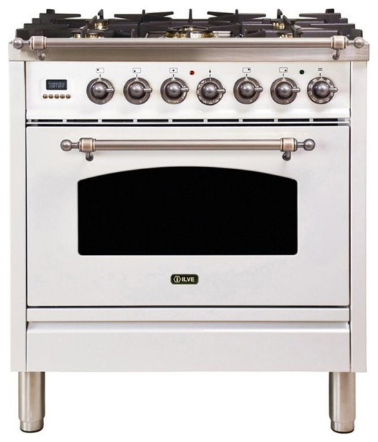 ILVE Nostalgie 30" NG Modern Metal Single Oven Dual Fuel Range in White/Bronze Gas Ranges And