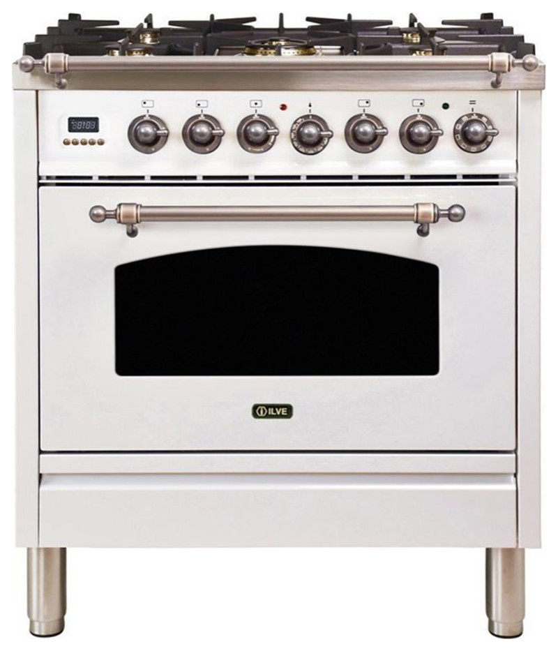 ILVE Nostalgie 30" NG Modern Metal Single Oven Dual Fuel Range in White/Bronze Gas Ranges And