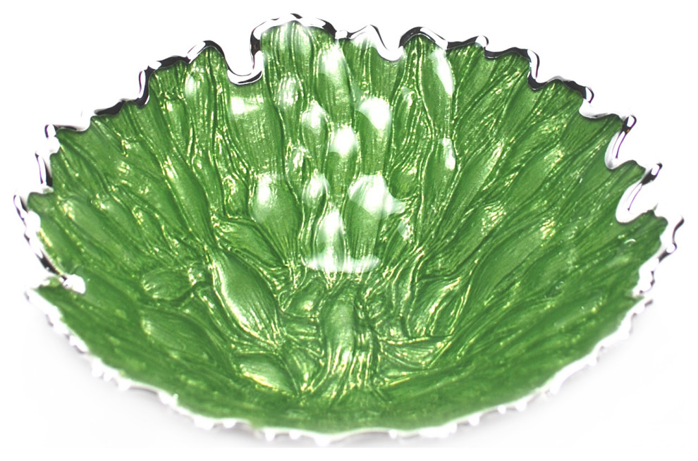 Moss Centerpiece Bowl, Green, Silver, 9.5"x3" Contemporary