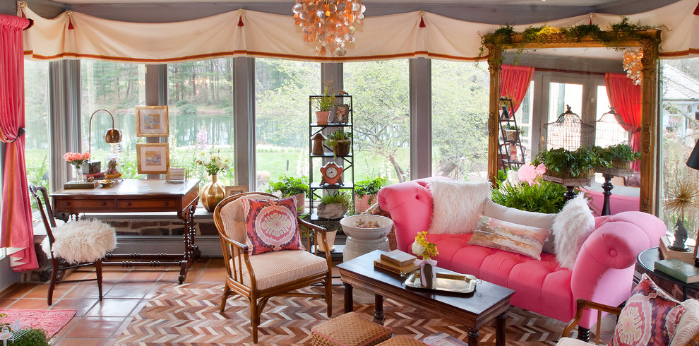 Inspiration for a mid-sized transitional sunroom in Philadelphia with terra-cotta floors.