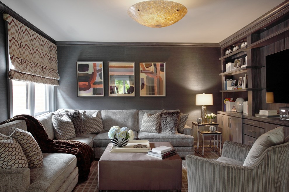 Design ideas for a contemporary family room in New York with grey walls and a built-in media wall.
