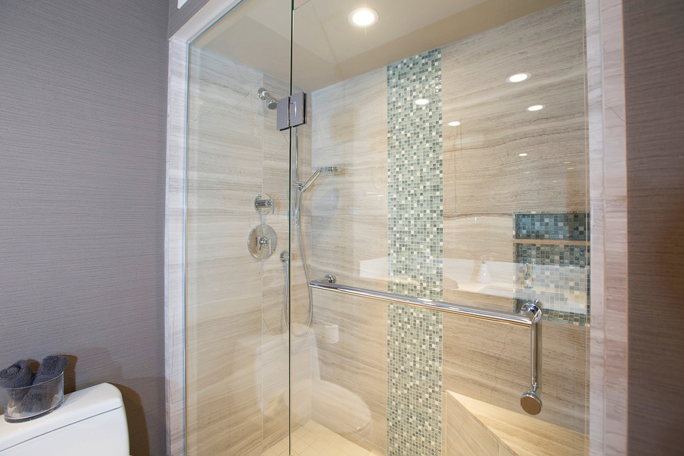 Photo of a small contemporary master bathroom in San Diego with an undermount sink, flat-panel cabinets, light wood cabinets, engineered quartz benchtops, an alcove shower, a two-piece toilet, gray tile, stone tile, grey walls and travertine floors.
