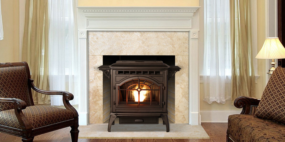 living room design with pellet stove