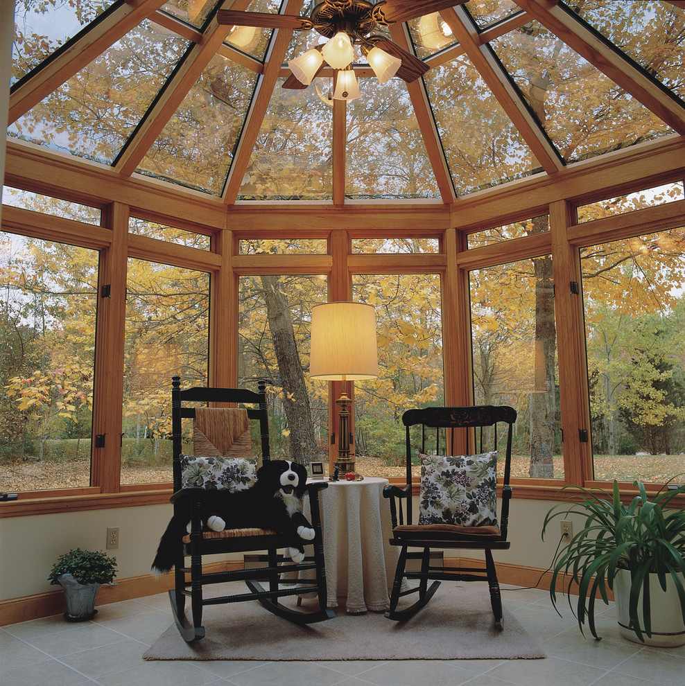 Inspiration for a large contemporary sunroom in DC Metro with ceramic floors, no fireplace and a glass ceiling.