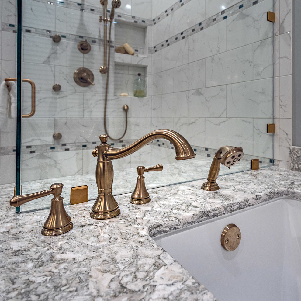 Inspiration for a large transitional master bathroom in Nashville with shaker cabinets, grey cabinets, an undermount tub, a curbless shower, a two-piece toilet, yellow tile, porcelain tile, grey walls, porcelain floors, an undermount sink, engineered quartz benchtops, white floor and a hinged shower door.