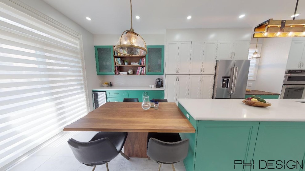 Eat-in kitchen - mid-sized transitional l-shaped porcelain tile and gray floor eat-in kitchen idea in Toronto with a single-bowl sink, shaker cabinets, white cabinets, quartz countertops, white backsplash, stone slab backsplash, stainless steel appliances, an island and white countertops