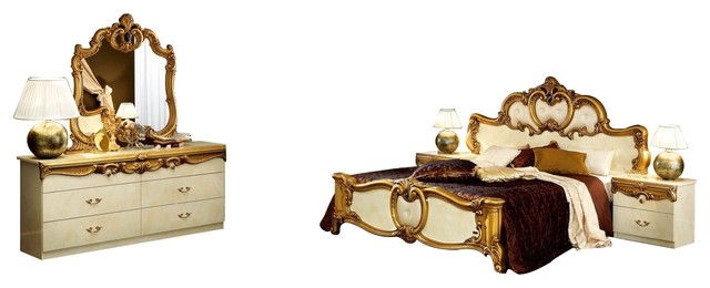 Barocco 5 Piece Bedroom Set Ivory And Gold Lacquer King