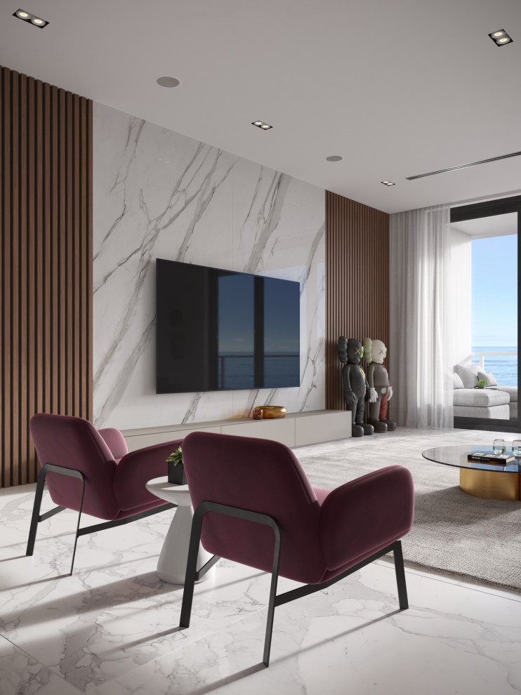 Example of a large trendy formal and open concept marble floor and white floor living room design in Miami with white walls, no fireplace and a wall-mounted tv