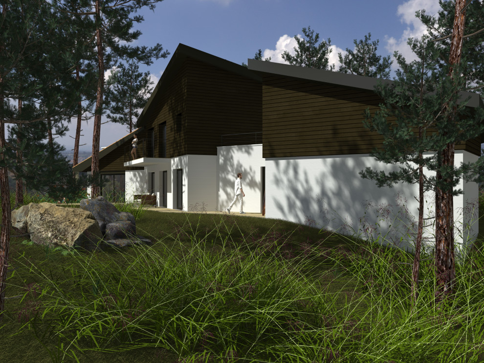 Design ideas for a rural two floor house exterior in Bordeaux with wood cladding.