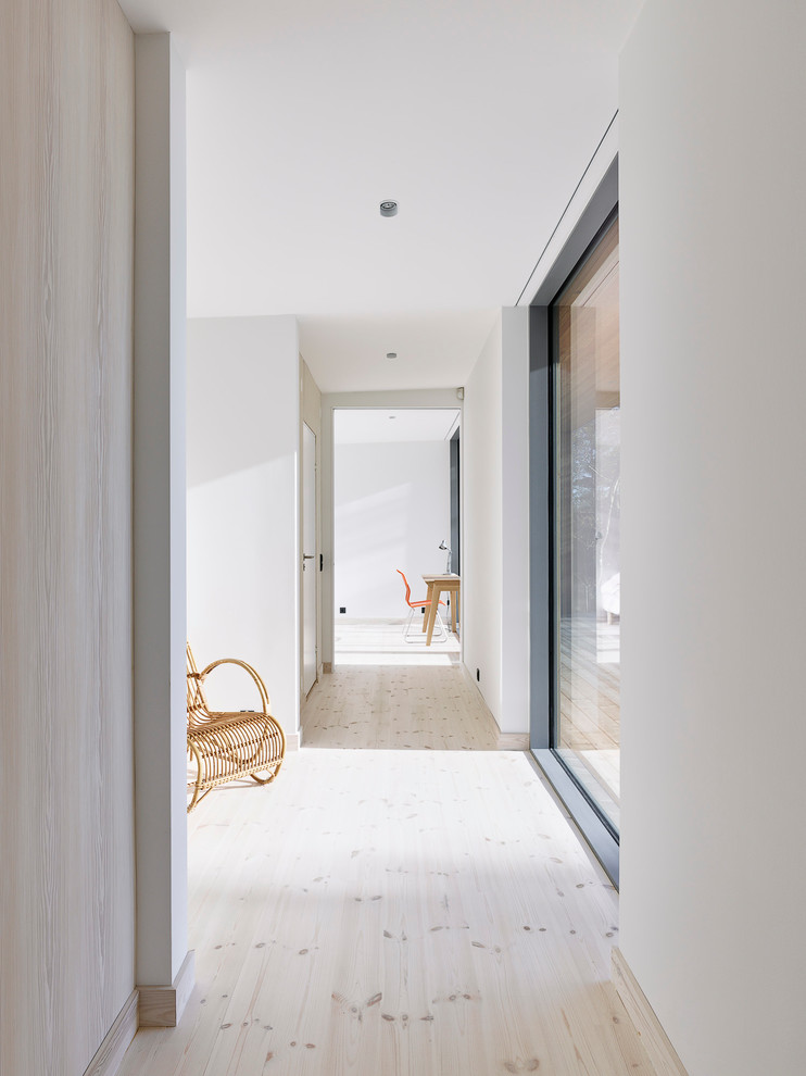 Design ideas for a scandinavian hallway in Malmo with white walls and light hardwood floors.