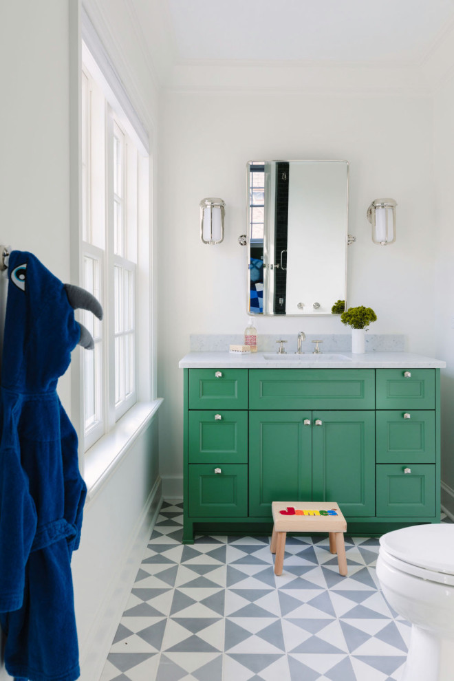 Inspiration for a beach style kids bathroom in Chicago with recessed-panel cabinets, green cabinets, white walls, an undermount sink, grey floor, grey benchtops, a single vanity and a built-in vanity.