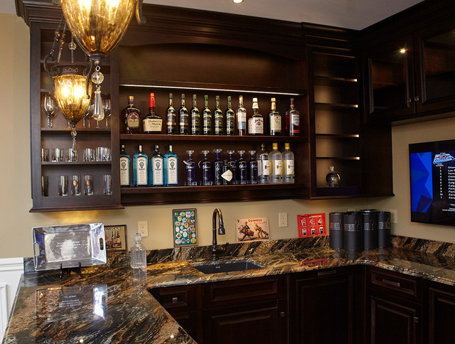 Coastal Home Man Cave Bar Wall Shelves Traditional Home Bar