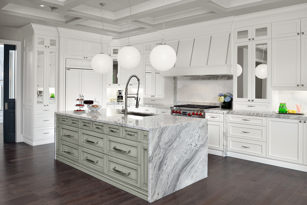 Inspiration for a large contemporary l-shaped eat-in kitchen in Toronto with with island, an undermount sink, beaded inset cabinets, white cabinets, quartzite benchtops, white splashback, ceramic splashback, panelled appliances and dark hardwood floors.