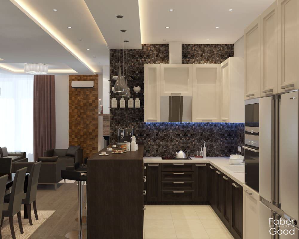 Кухня, с лева столовая, на заднем плане часть гостиной