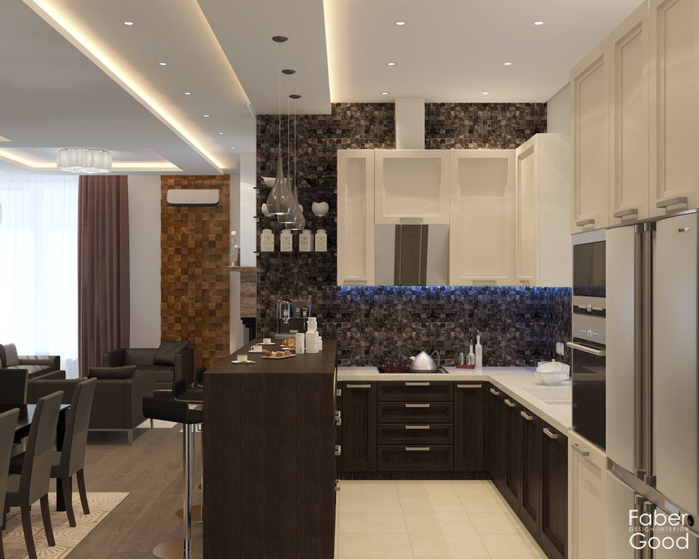 Кухня, с лева столовая, на заднем плане часть гостиной