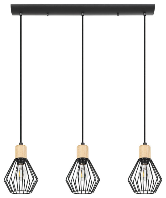 Palmorla 3 Light Pendant, Black and Natural Wood Industrial Pendant
